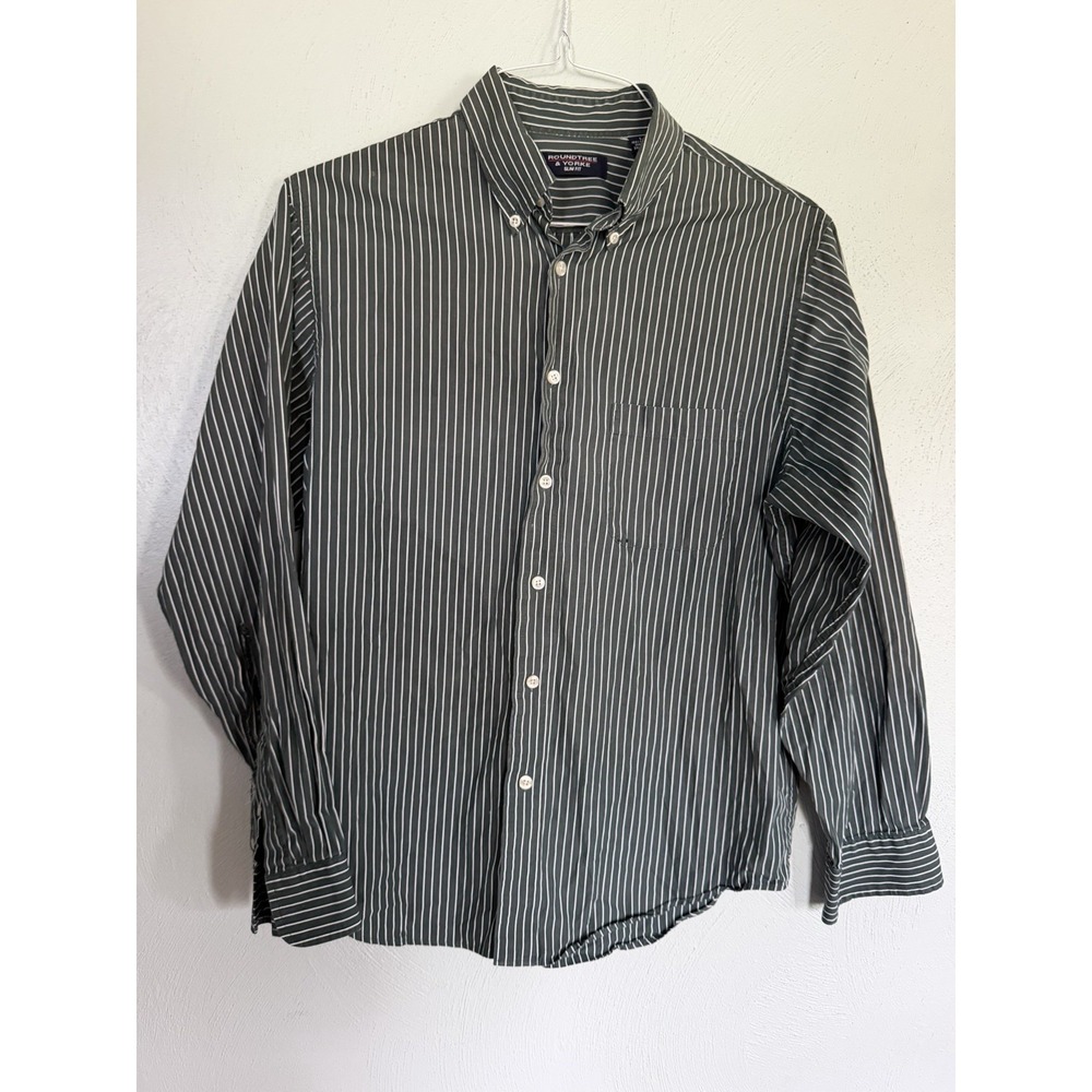 Roundtree & Yorke Slim Fit Green Striped Button Down Shirt Mens L Long Sleeve